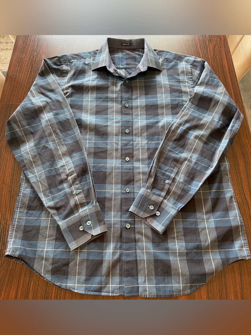 Bugatchi Uomo Mens Classic Fit Plaid Button Up Shirt Blue Grey Slate Cotton XL